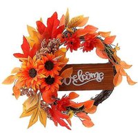 Couronne D'automne 45 Cm, Décoration De Porte D'entrée, Couronne De Récolte Avec Feuilles De Chêne Clair En Bois, Citrouille, Glands Et Baies, Thème