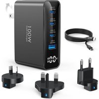 JGD-Chargeur de Voyage USB-C 100W, Adaptateur de Voyage Pliable à 4 Ports, convertisseur de Prise avec Prises UK/EU/AU, Charge Rapide pour MacBook