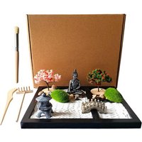 Nouvelhorizonstore-Zen&tao Kit De Jardin Japonais, Plateau Noir Avec Arbres, Mousses, Statue De Bouddha, Pont, Pierres, Kit D'outils De Sable,
