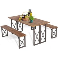 COSTWAY 3-Piece Acacia Wood Outdoor Dining Set with Benches