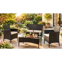 4 Seater Rattan Furniture Set Cushions & Glass Coffee Table