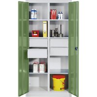 C+P 6 shelves, 4 drawers, 6 shelves, 4 drawers, HxWxD 1950 x 1200 x 500 mm, reseda green doors, light grey body
