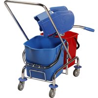2 x 25 l mobile buckets, swivelling mop wringer, 2 x 25 l mobile buckets, swivelling mop wringer, floor mop set