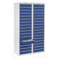 HxWxD 1800 x 1000 x 500 mm, 34 drawers 100 mm high, HxWxD 1800 x 1000 x 500 mm, 34 drawers 100 mm high, grey body, gentian blue drawers