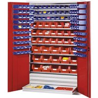 eurokraft pro with 9 shelves, 152 open fronted storage bins and 3 drawers, with 9 shelves, 152 open fronted storage bins and 3 drawers, body in light grey, doors in traffic red