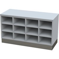 melamine coated, melamine coated, 12 compartments, length 1090 mm, grey, stainless steel plinth