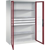 C+P HxWxD 1950 x 1200 x 600 mm, with 3 shelves, 3 drawers, HxWxD 1950 x 1200 x 600 mm, with 3 shelves, 3 drawers, light grey / ruby red