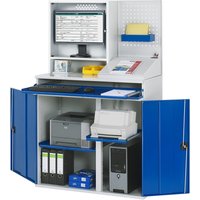 RAU monitor housing, 2 pull-out shelves, monitor housing, 2 pull-out shelves, width 1100 mm, light grey / gentian blue