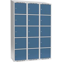 3 compartments, 3 compartments, light grey / brilliant blue, W 1200 mm, 3 compartments, sloping roof shape, cylinder lock