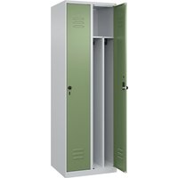 C+P 2 compartments, partition, short model, 2 compartments, partition, short model, light grey/reseda green, W 600 mm, with floor glides, rotary bolt, centre partition