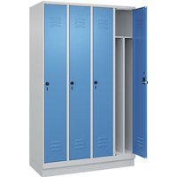 C+P 4 compartments, partition, short model, 4 compartments, partition, short model, light grey/light blue, W 1200 mm, with base plinth, rotary bolt, centre partition