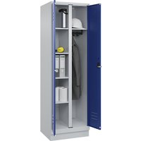 C+P 1 compartment, partition in centre, 1 compartment, partition in centre, light grey/gentian blue, W 600 mm, with base plinth, rotary bolt