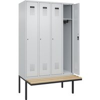 4 compartments, 4 compartments, light grey / light grey, W 1200 mm, cylinder lock, with cantilevered bench seat, beech