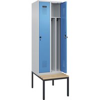 2 compartments, partition, short model, 2 compartments, partition, short model, light grey / light blue, W 600 mm, security rotary bolt, with bench fitted below, beech