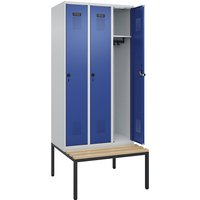 3 compartments, 3 compartments, light grey / gentian blue, W 900 mm, security rotary bolt, with bench fitted below, beech
