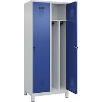 2 compartments, partition, short model, 2 compartments, partition, short model, light grey / gentian blue, W 800 mm, with wide feet, security rotary bolt
