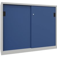 Pavoy height 1200 mm, solid sheet metal doors, height 1200 mm, solid sheet metal doors, WxD 1500 x 500 mm, with divider and 2 x 2 shelves, door gentian blue