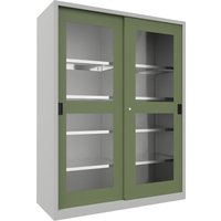Pavoy height 1950 mm, glazed doors, height 1950 mm, glazed doors, WxD 1500 x 600 mm, with divider and 2 x 4 shelves, door reseda green