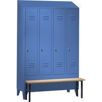 Wolf 4 compartments, 4 compartments, light blue, W 1200 mm, bench mounted in front, beech wood, sloping roof