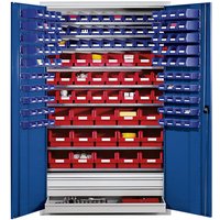 eurokraft pro with 9 shelves, 152 open fronted storage bins and 3 drawers, with 9 shelves, 152 open fronted storage bins and 3 drawers, body in light grey, doors in gentian blue