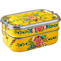 Dalit Hand-Painted Stainless Steel Tiffin-Style Lunchbox - Yellow Floral Garland