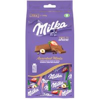 Einzeln verpackte Milka-Schokolade in 3 Geschmacksrichtungen: Alpenmilch, Erdbeere und Haselnuss.
