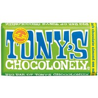Tony's Chocolonely Fairtrade dunkle Schokolade mit mindestens 51% Kakaofeststoffen sowie Mandeln und Meersalz. Hergestellt in Belgien. 240g