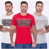 Kit 3 Camisetas Vibe Branca Vermelha e Cinza