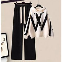 Clothing salt light luxury suit meat covering college style hooded knitted sweater wide leg pants two piece suit