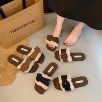 Design sense Open toed hairy wearing outside. 2024 autumn winter lazy fashion thick sole one line slippers