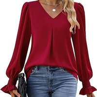 Women's autumn and winter new solid color chiffon shirt V-neck pullover trumpet long-sleeved top shirt
