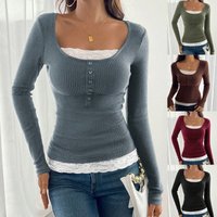 Women's Slim Long Sleeve Top Square Neck Lace Patchwork Single Breasted Fashion