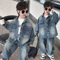 Kids' Denim Two-Piece Set - Loose Retro Style Spring/Fall Outfit, Trendy Korean-Inspired Suit For Boys