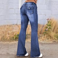High Waisted Flared Jeans Stretchy Bootcut Denim Pants Button Details & Vintage Wash