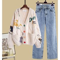 Women's Clothing Autumn Chic College Style Knitted Cardigan With Straight Slim Wide Leg Pants High Waist Jeans