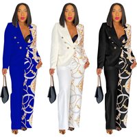 Printed Notch Lapel Blazer & Pants Set – Trendy Long Sleeve Office & Streetwear Two Piece 