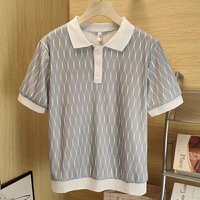 Contrast Plaid High End Knitted Short Sleeved T Shirt Summer Fashion Versatile Top Polyester
