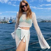Sexy Hollow Out Long Sleeve Crop Top & High Slit Wrap Skirt Set - Adjustable Tie Waist, Beach Party Outfit, S/M/L/XL"