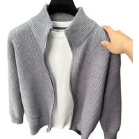 Men's Solid Color Zip Up Cardigan Sweater Slim Fit Stand Collar Semi High Knitwear Autumn Winter Outerwear