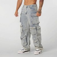 High Street Washed Straight Leg Jeans Pocket Casual Loose Work Pants American Retro Style Spring Autumn