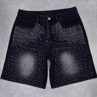 "Men's Distressed Denim Shorts – Vintage Washed, Rhinestone Studded, Straight Leg (Sizes 30-36, Black/Grey/Blue)"