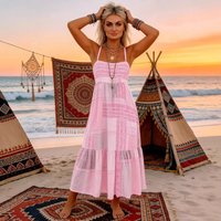 American Bohemian Style Floral Print Patchwork Sundress Blue Pink Summer Beach Vacation Dress