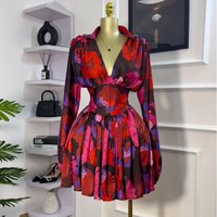 Clothing spring style elegant printed V neck backless high waist dress short skirt