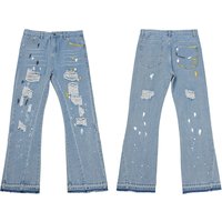 Distressed Washed Denim Jeans Splatter Paint & Patchwork Details Vintage Hip Hop Style &