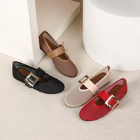 Hollowed out Mesh Breathable Shoes Square Buckle round Toe Shallow Mouth One Strap Flat Shoes Style