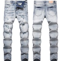Slim Fit Stretch Jeans High Street Style Ripped Whiskered mid Rise Skinny Jeans Handsome Cross Border Supply Foreign Trade