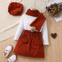 Mother & Kids Girls' Fashion Long Sleeve Dress Set With Pom Pom Scarf & Beret (4-Piece Outfit) – Soft Cotton Blend, Cute & Elegant