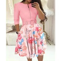 Women's Clothing temperament elegant waist zipper mid length sleeve printed large swing dress
