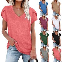 Clothing Spring Summer Solid V Neck Short Sleeved T Shirt Loose Casual Tops