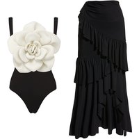 women's Large flower decoration on the chest black and white one-piece swimsuit suit